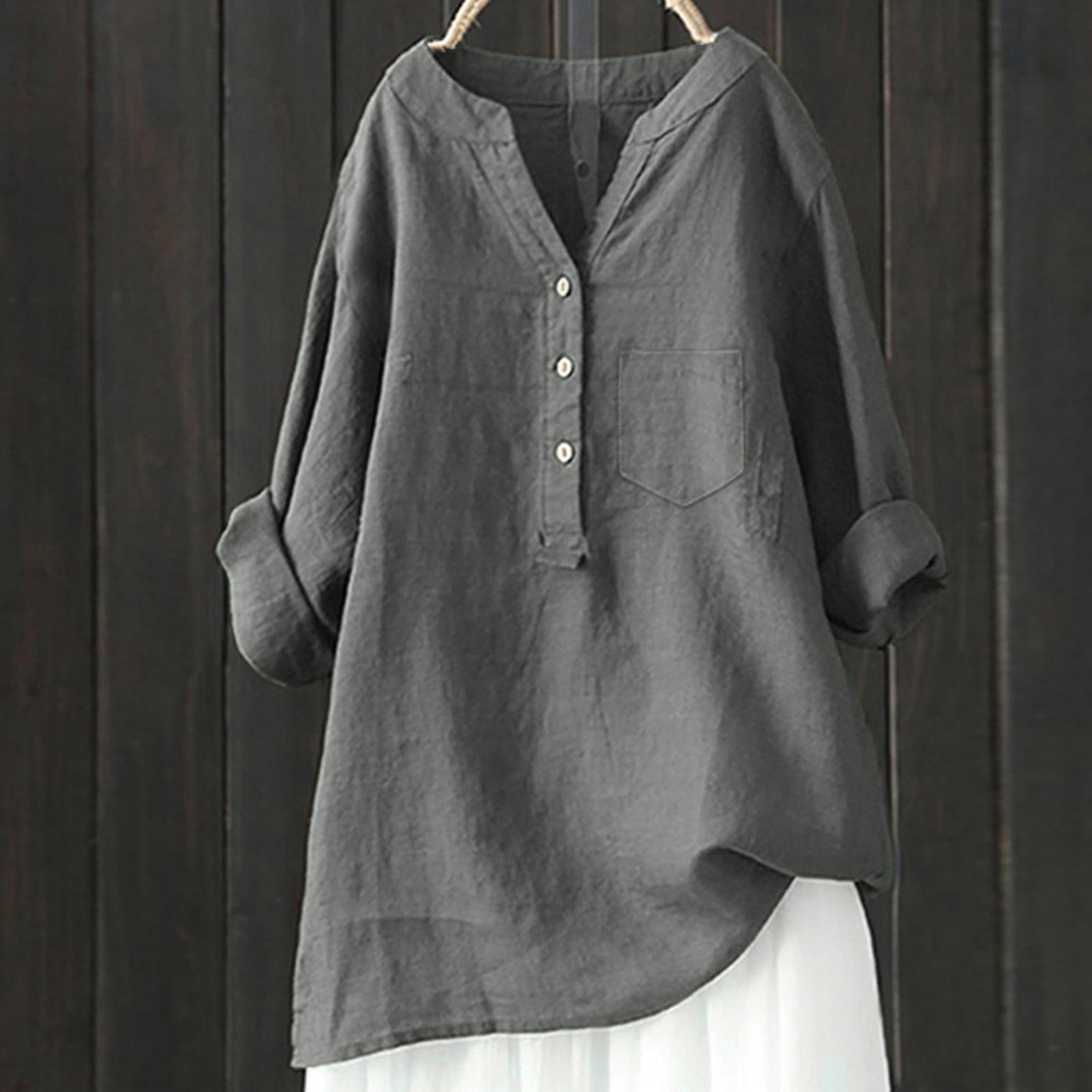 thumbnail image 2 of Camisa holgada de lino liso para mujer: manga larga abotonada, cuello mao, mezcla de poliéster, elegante e informal, 2 of 4